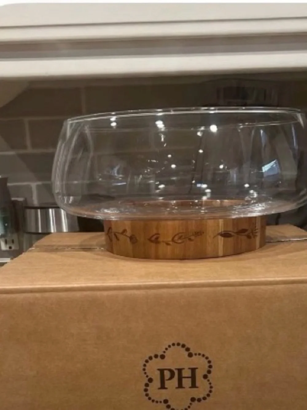 Princess House Clear Glass Pedestal Bowl with Natural Wood Base